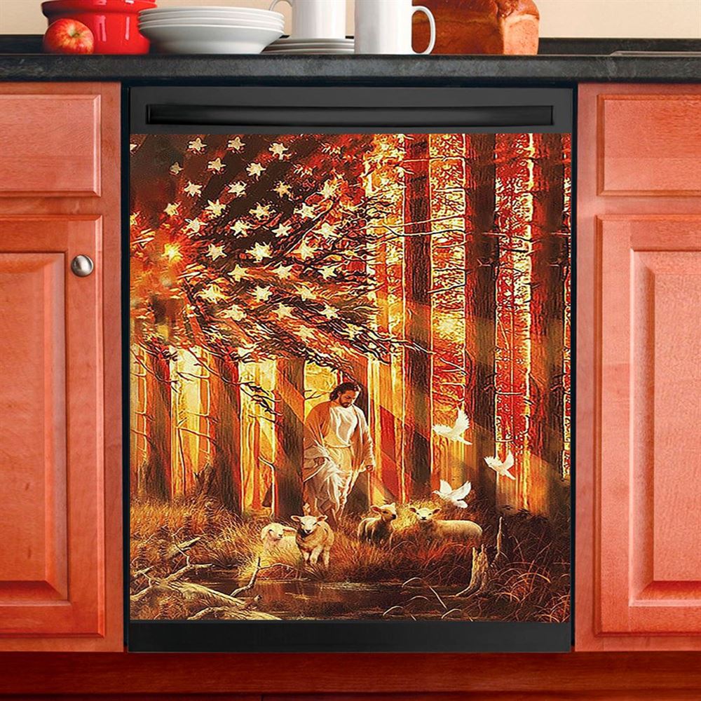 Jesus Walking With Lamb And Lion Dishwasher Cover, Christian Dishwasher Wrap, Bible Verse Kitchen Decoration
