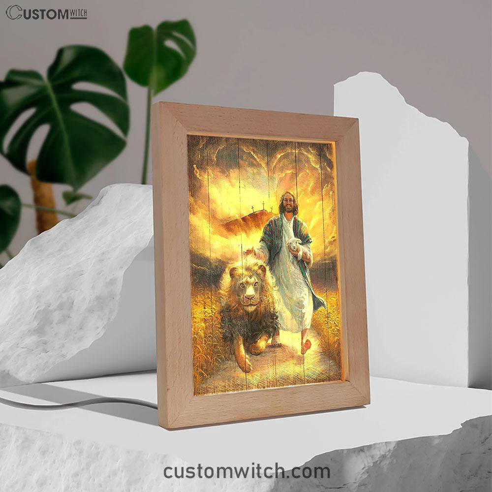Jesus Walking With Lamb And Lion Frame Lamp Art - Christian Art - Bible Verse Art - Religious Home Decor