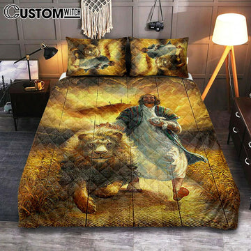 Jesus Walking With Lamb And Lion Quilt Bedding Set Art - Christian Art - Bible Verse Bedroom - Religious Home Decor