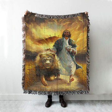 Jesus Walking With Lamb And Lion Woven Blanket Art - Christian Art - Bible Verse Throw Blanket - Religious Home Decor