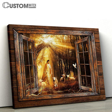 Jesus Walking With Lambs Into The Beautiful Forest Canvas Art - Christian Wall Art Decor - Bible Verse Canvas