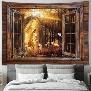 Jesus Walking With Lambs Into The Beautiful Forest Tapestry Art - Christian Wall Art Decor - Bible Verse Tapestry