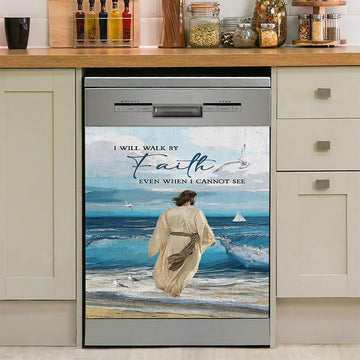 Jesus Walking With The Lambs In Forest Dishwasher Cover, Christian Dishwasher Wrap, Bible Verse Kitchen Decoration