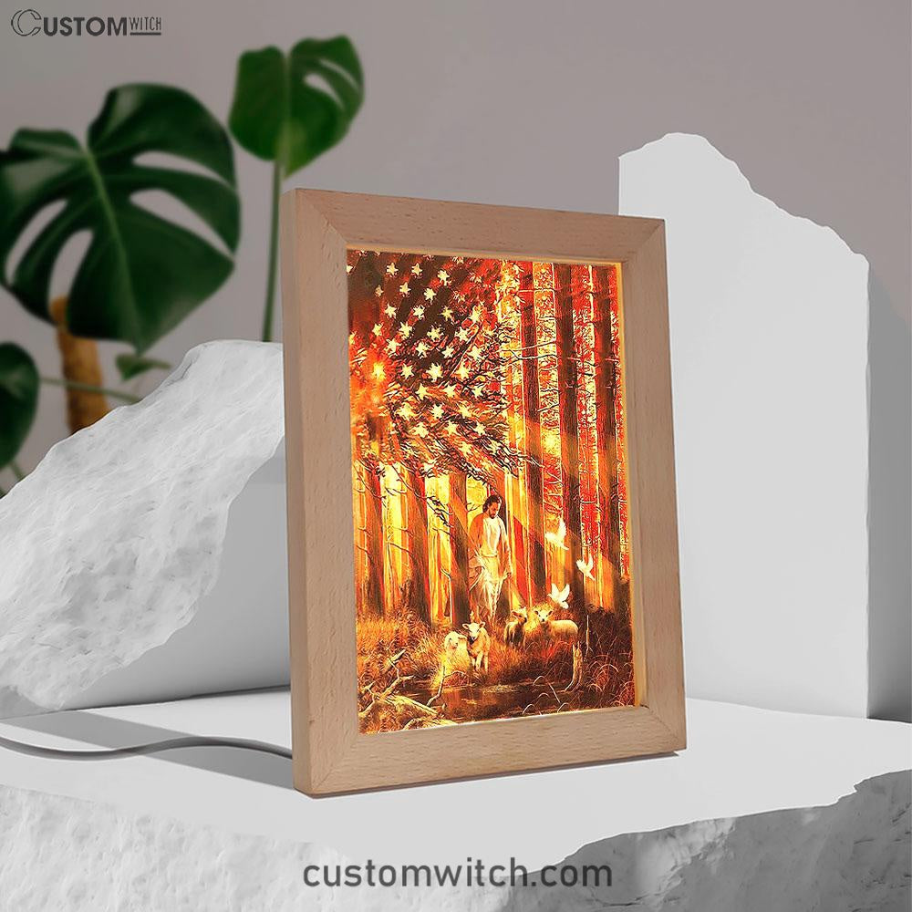 Jesus Walking With The Lambs In Forest Frame Lamp Art - Christian Art - Bible Verse Art - Religious Home Decor