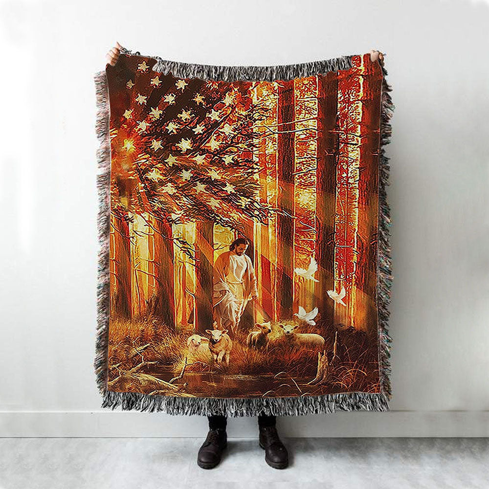 Jesus Walking With The Lambs In Forest Woven Blanket Art - Christian Art - Bible Verse Throw Blanket - Religious Home Decor