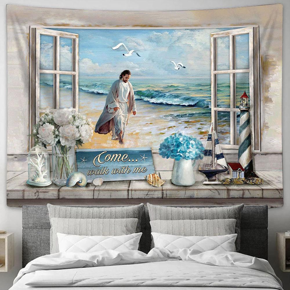 Jesus Walks Come Walk With Me Tapestry Art - Bible Verse Wall Art - Wall Decor Christian