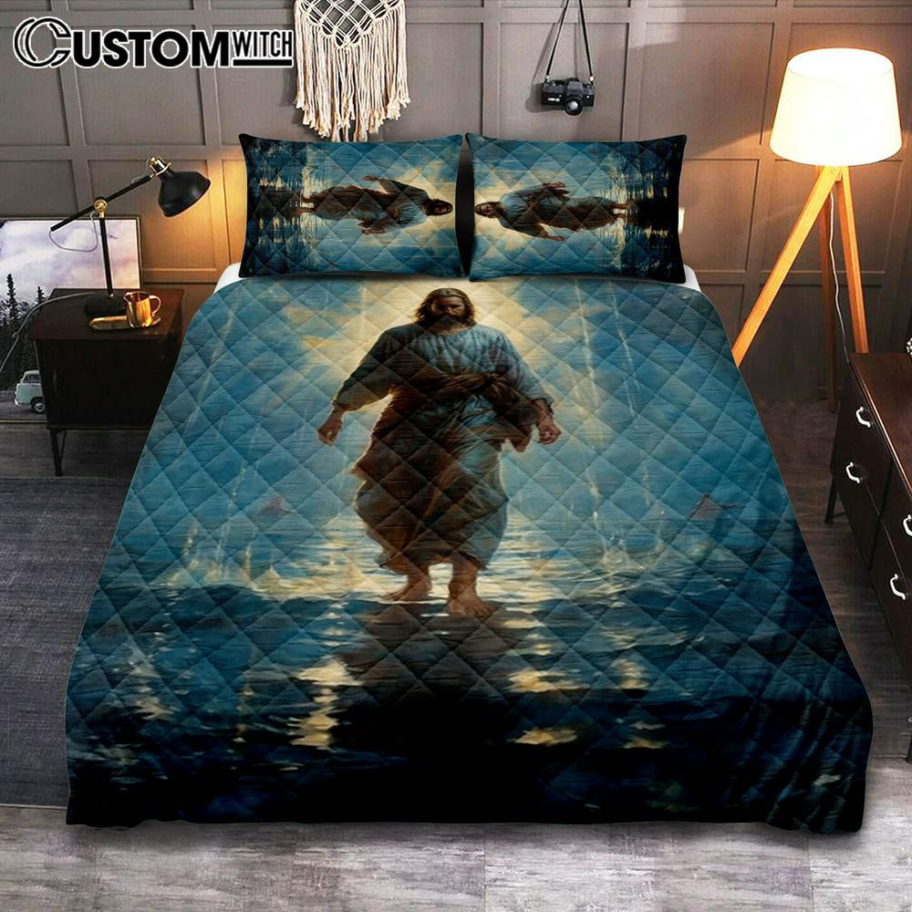 Jesus Walks On The Sea Quilt Bedding Set Prints - Jesus Quilt Bedding Set Art - Christian Bedroom Decor