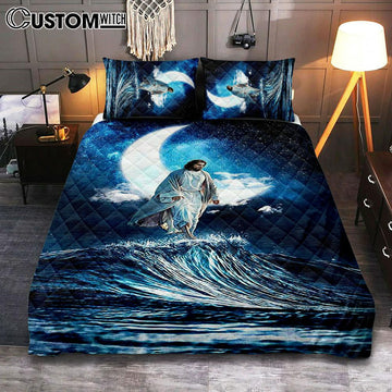 Jesus Walks On Water Bedroom Quilt Bedding Set - Jesus Portrait Quilt Bedding Set Prints - Christian Bedroom