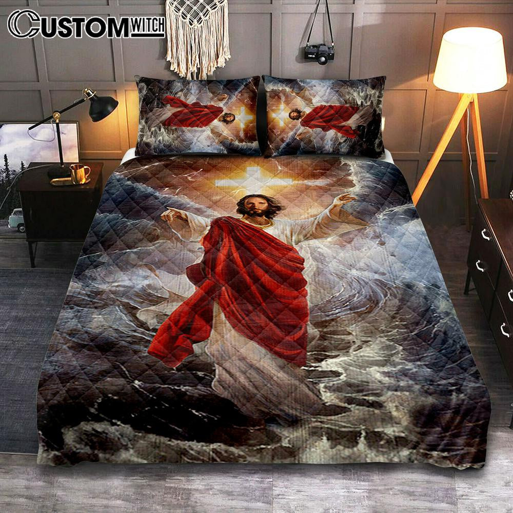 Jesus Walks On Water Cross Light Bedroom Quilt Bedding Set - Jesus Portrait Quilt Bedding Set Prints - Christian Bedroom