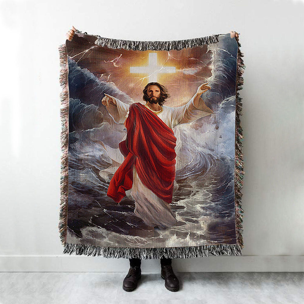 Jesus Walks On Water Cross Light Throw Blanket Woven Blanket - Jesus Portrait Woven Blanket Prints - Christian Throw Blanket
