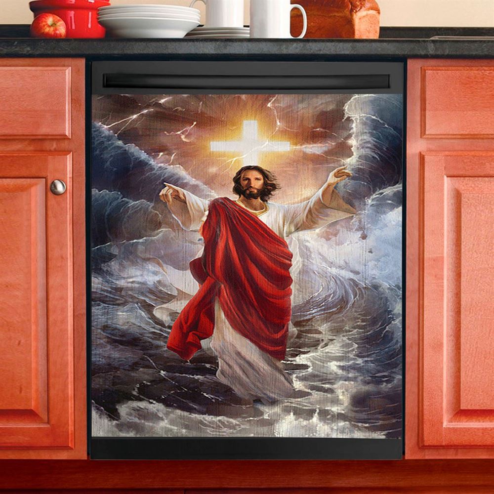 Jesus Walks On Water Dishwasher Cover, God Will Make A Way For You Dishwasher Wrap, Jesus Christ Kitchen Decoration