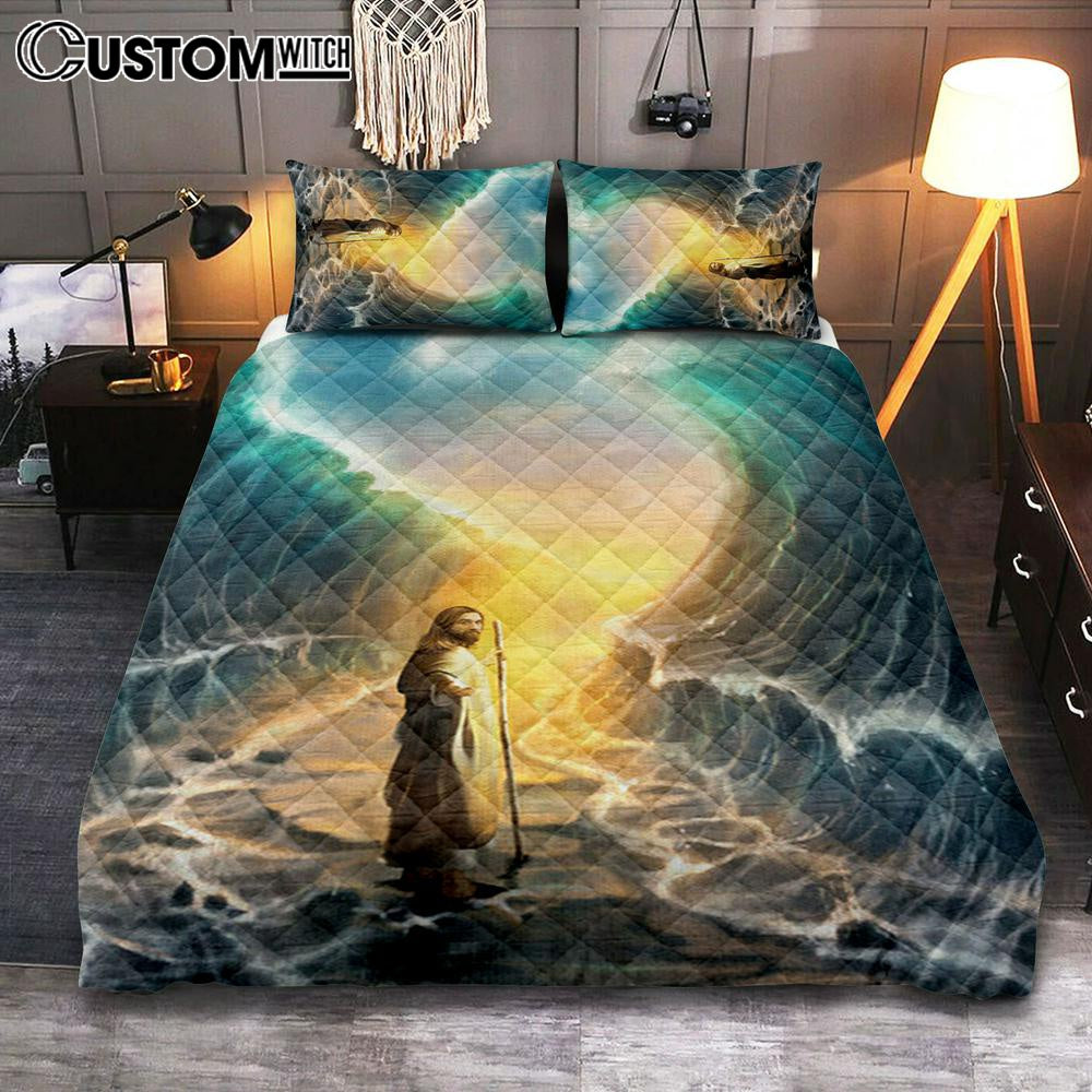 Jesus Walks On Water Quilt Bedding Set - God Will Make A Way For You Quilt Bedding Set Prints - Jesus Christ Quilt Bedding Set Art - Christian Cover Twin Bedding Decor