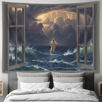 Jesus Walks On Water Tapestry Wall Art - Jesus Christ Tapestry - Christian Tapestry Prints
