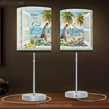 Jesus Walks, Sand Beach, Palm Trees, Give It To God And Go To The Beach Table Lamp