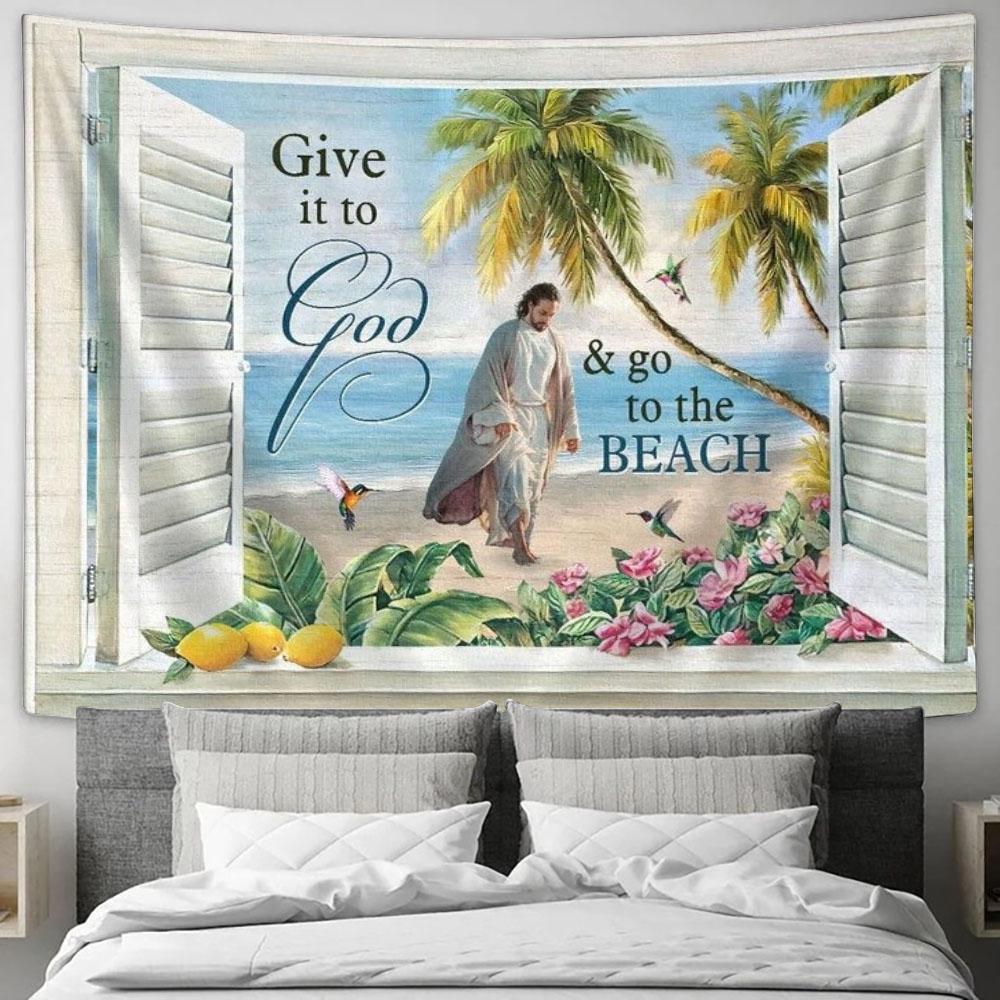 Jesus Walks, Sand Beach, Palm Trees, Give It To God And Go To The Beach Tapestry, Tapestries for Living Room Bedroom