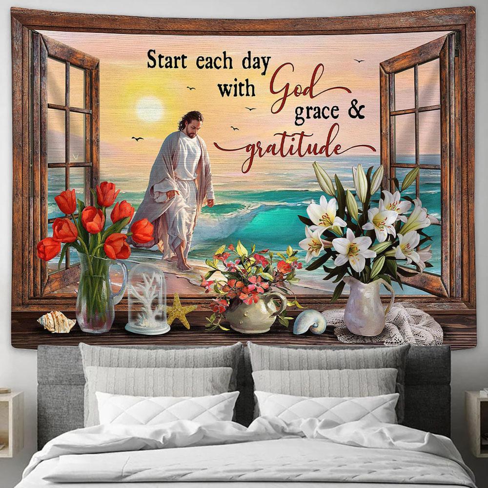 Jesus Walks Start Each Day With God Grace &amp; Gratitude Tapestry Wall Art - Bible Verse Tapestry - Religious Tapestry Wall Hanging
