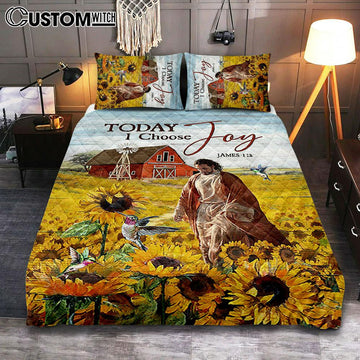 Jesus Walks Sunflower Field Quilt Bedding Set - Today I Choose Joy Quilt Bedding Set - Christian Bedroom - Religious Home Decor