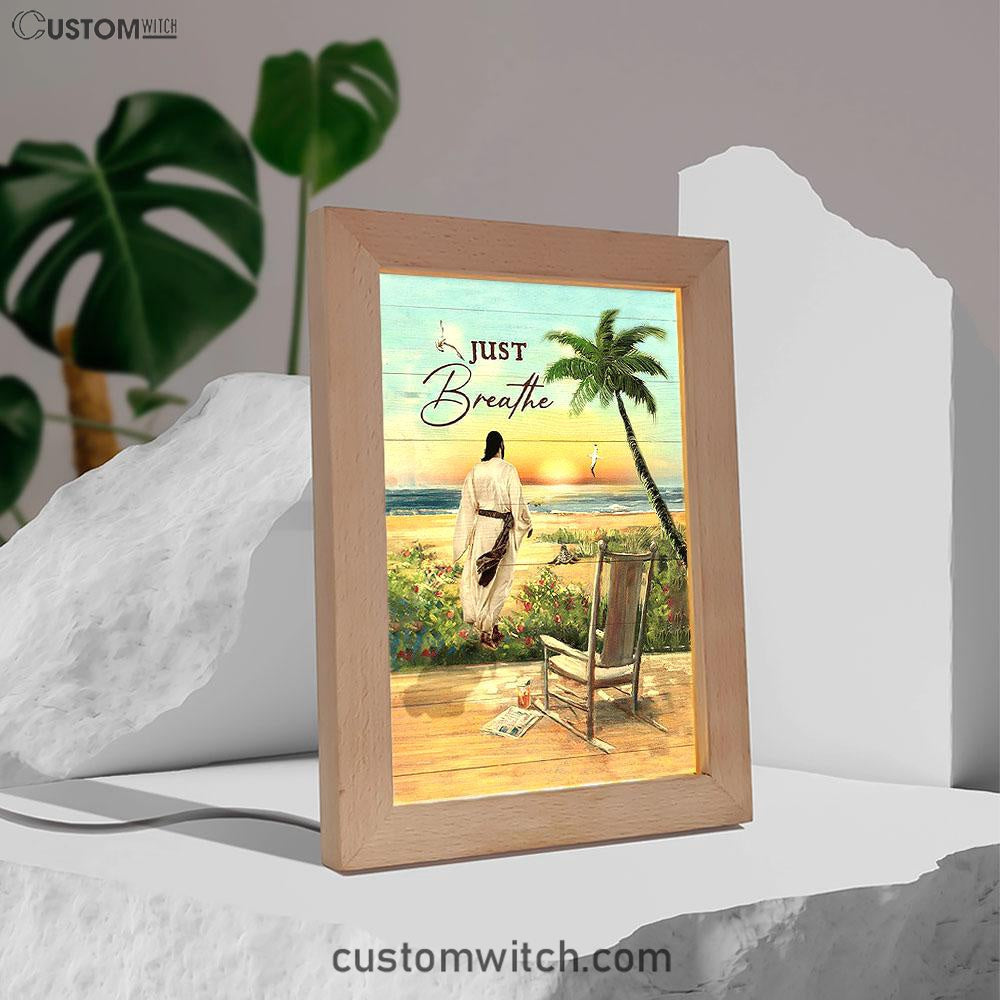 Jesus Walks Sunset Beach Just Breathe Frame Lamp - Christian Art - Religious Home Decor