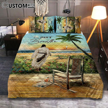 Jesus Walks Sunset Beach Just Breathe Quilt Bedding Set - Christian Bedroom - Religious Home Decor
