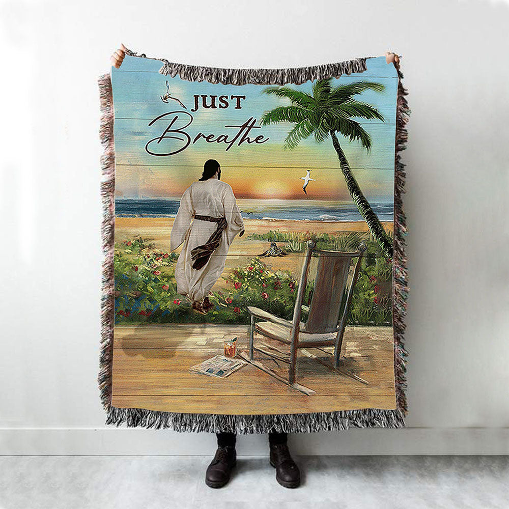 Jesus Walks Sunset Beach Just Breathe Woven Blanket - Christian Throw Blanket - Religious Home Decor