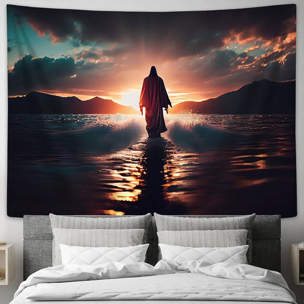 Jesus Walks Water Against Beautiful Sunset Tapestry Pictures - Faith Art - Christian Tapestry Wall Art Decor