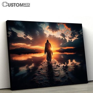 Jesus Walks Water Sunset Canvas Pictures - Faith Art - Christian Canvas Wall Art Decor