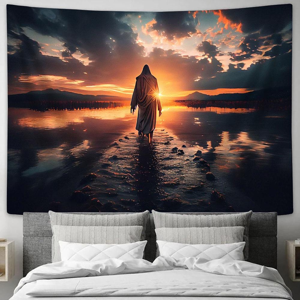 Jesus Walks Water Sunset Tapestry Pictures - Faith Art - Christian Tapestry Wall Art Decor