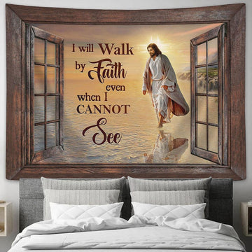 Jesus Walks on beach Tapestry - I will walk by faith Tapestry Wall Art - Bible Verse Tapestry - Religious Tapestry Wall Hanging