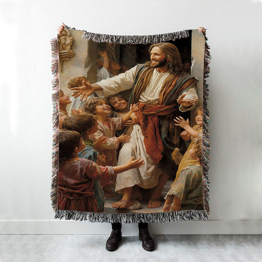 Jesus Was Surrounded By Children Woven Blanket Prints - Jesus Woven Blanket Art - Christian Throw Blanket Decor