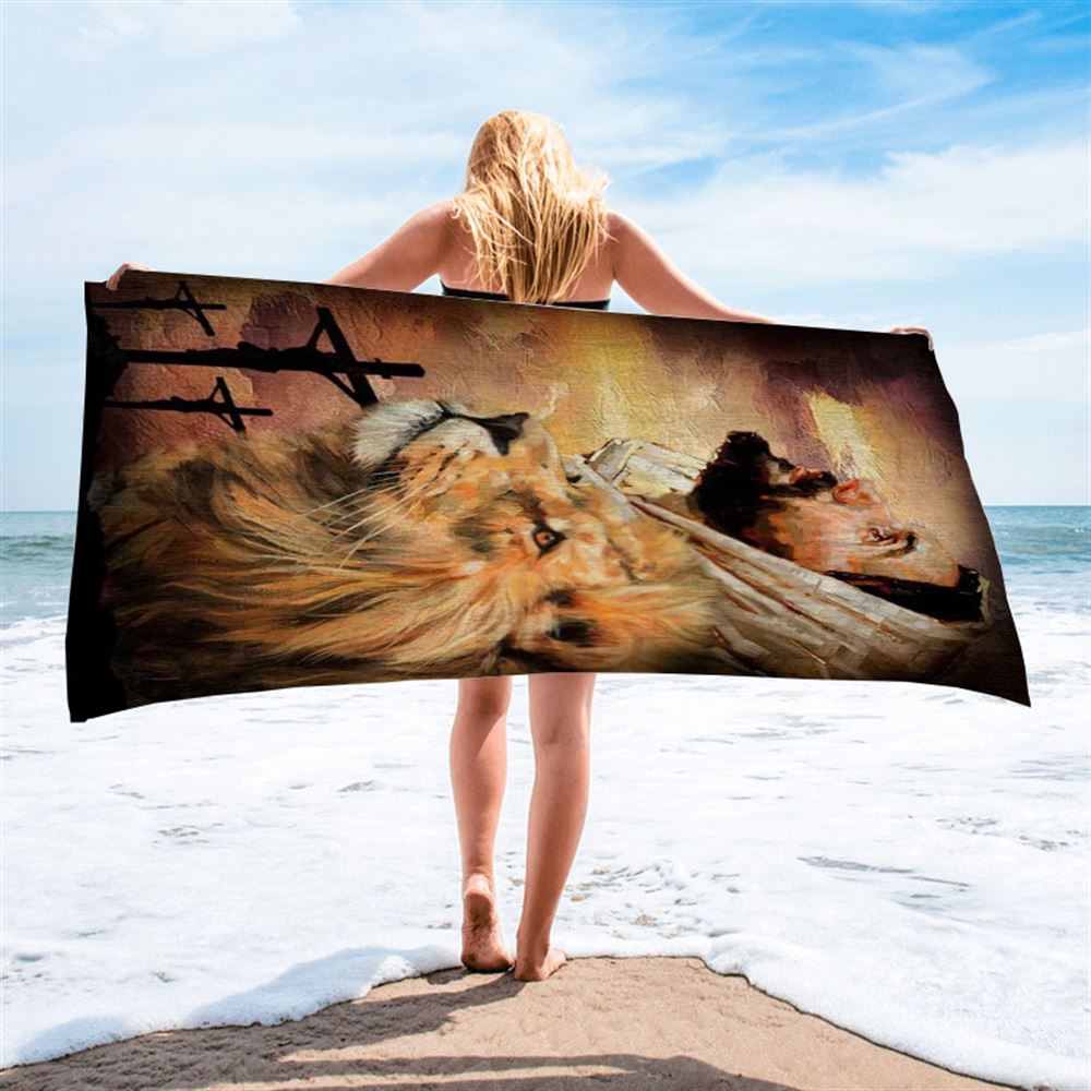 Jesus Watercolor Lion Jesus On The Cross Beach Towel, Christian Beach Towel, Christian Gift, Gift For Women