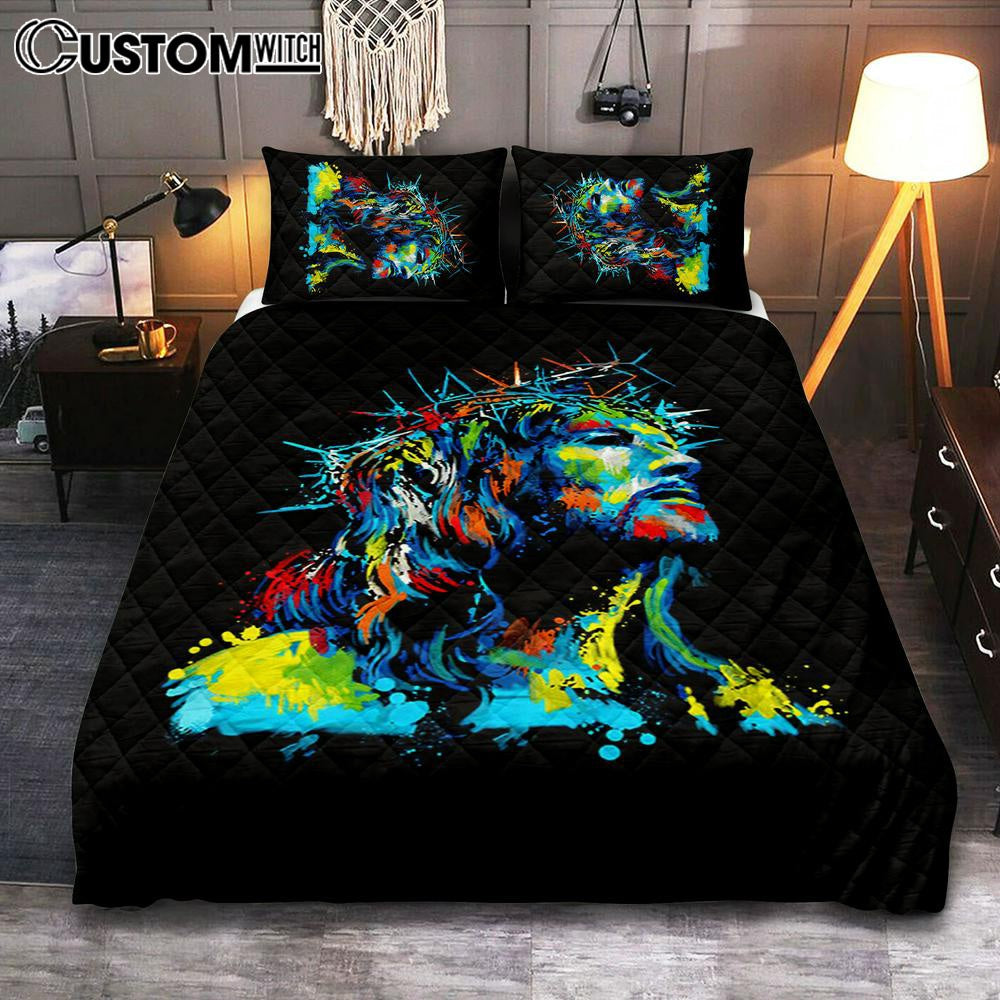 Jesus Wearing Crown Of Thorns Quilt Bedding Set Prints - Jesus Christ Quilt Bedding Set Art - Christian Cover Twin Bedding Decor