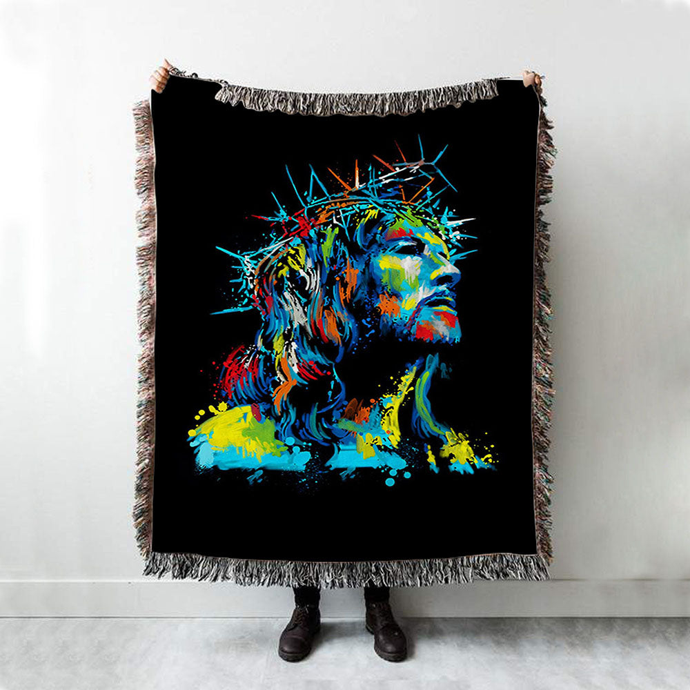 Jesus Wearing Crown Of Thorns Woven Blanket Prints - Jesus Christ Woven Blanket Art - Christian Boho Blanket