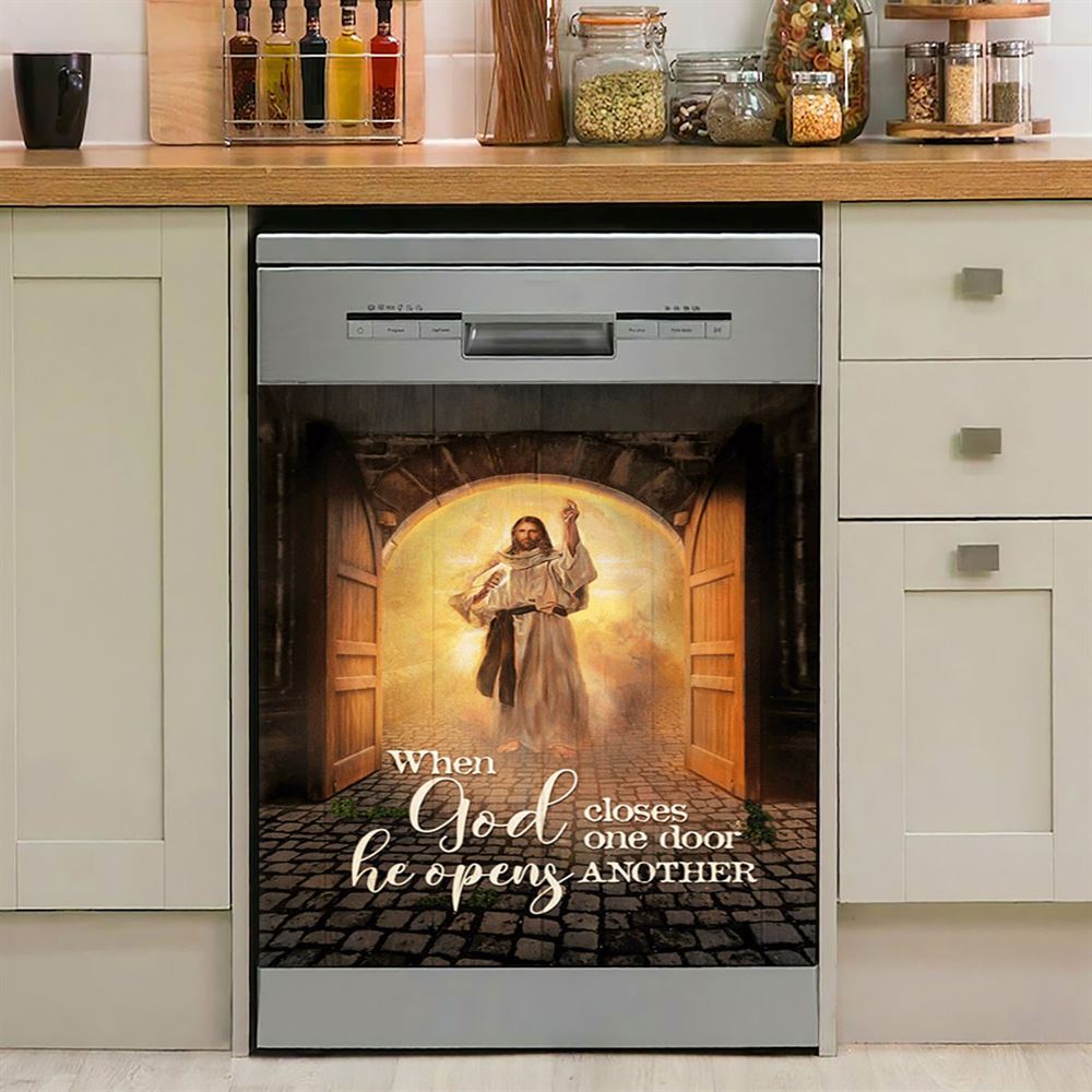 Jesus When God Closes One Door Dishwasher Cover, Christian Dishwasher Wrap, Bible Verse Kitchen Decoration