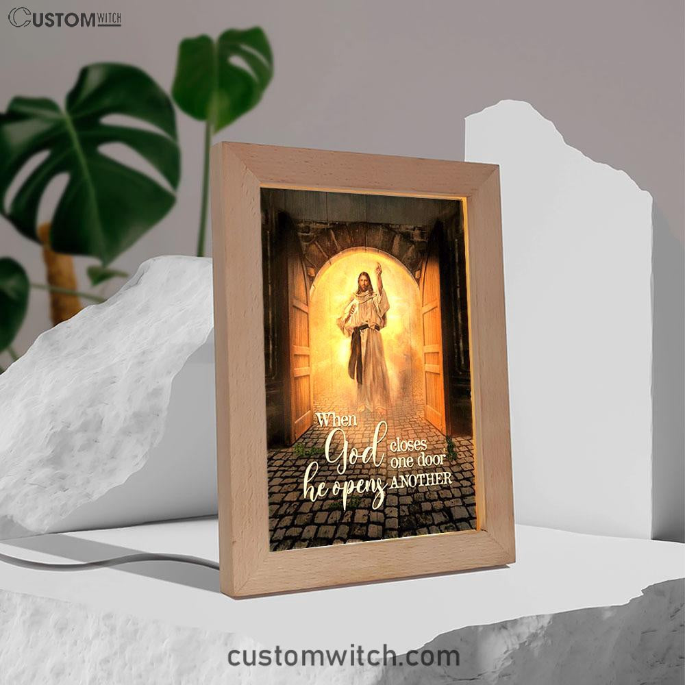 Jesus When God Closes One Door Frame Lamp Art - Christian Night Light - Bible Verse Wooden Lamp