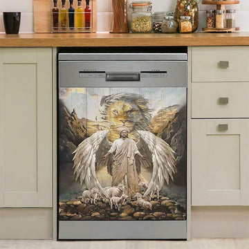 Jesus Wings Lamb Lion Dishwasher Cover, Lion Dishwasher Wrap, Christian Inspirational Kitchen Decoration