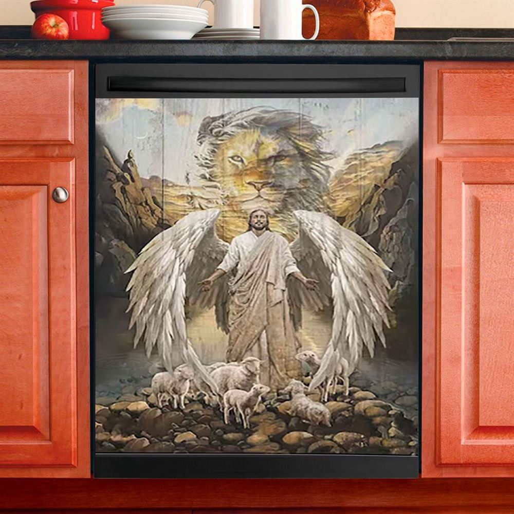 Jesus Wings Lamb Lion Dishwasher Cover, Lion Dishwasher Wrap, Christian Inspirational Kitchen Decoration