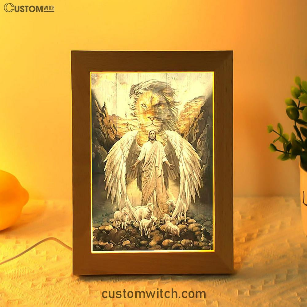 Jesus Wings Lamb Lion Frame Lamp Prints - Lion Frame Lamp Art - Christian Inspirational Frame Lamp