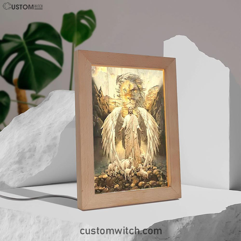 Jesus Wings Lamb Lion Frame Lamp Prints - Lion Frame Lamp Art - Christian Inspirational Frame Lamp
