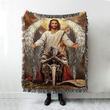 Jesus Wings Warrior Of God Throw Blanket Woven Blanket - Jesus Portrait Woven Blanket Prints - Christian Throw Blanket
