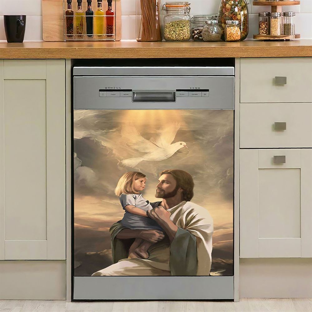 Jesus With Child White Dove Dishwasher Cover, Christian Dishwasher Wrap, Bible Verse Kitchen Decoration