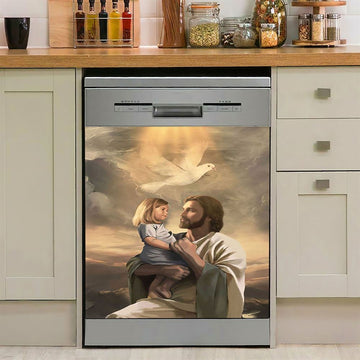 Jesus With Child White Dove Dishwasher Cover, Christian Dishwasher Wrap, Bible Verse Kitchen Decoration
