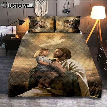 Jesus With Child White Dove Quilt Bedding Set Art - Christian Art - Bible Verse Bedroom - Religious Home Decor