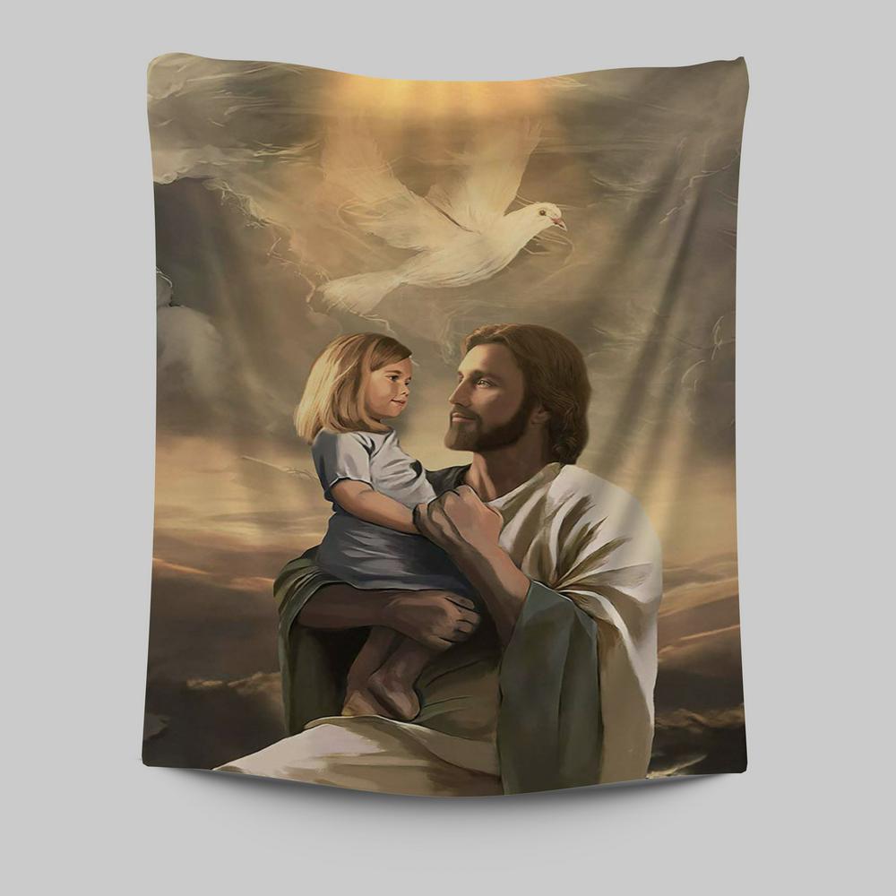 Jesus With Child White Dove Tapestry Art - Christian Art - Bible Verse Wall Art - Religious Home Decor