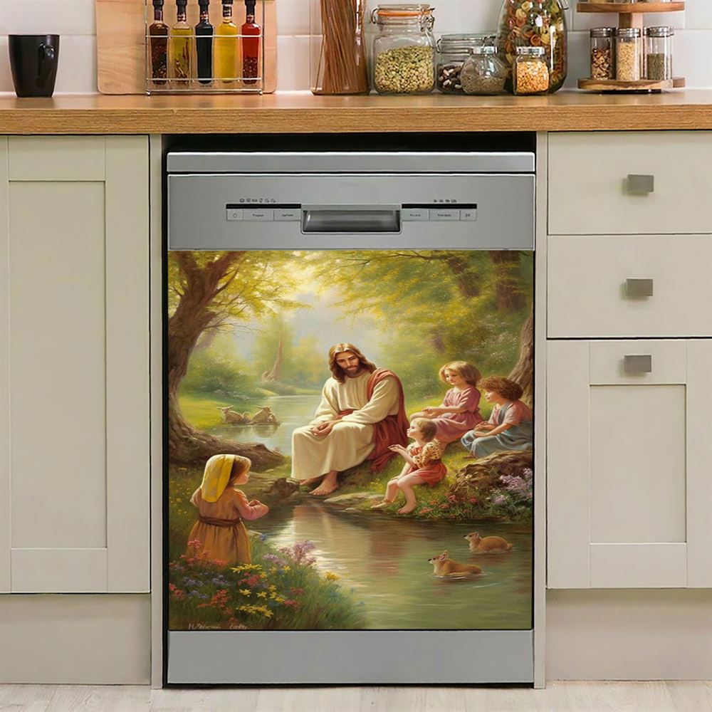 Jesus With Children Dishwasher Cover, Jesus Dishwasher Wrap, Christian Kitchen Decoration