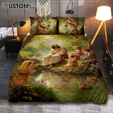 Jesus With Children Quilt Bedding Set Prints - Jesus Quilt Bedding Set Art - Christian Bedroom Decor