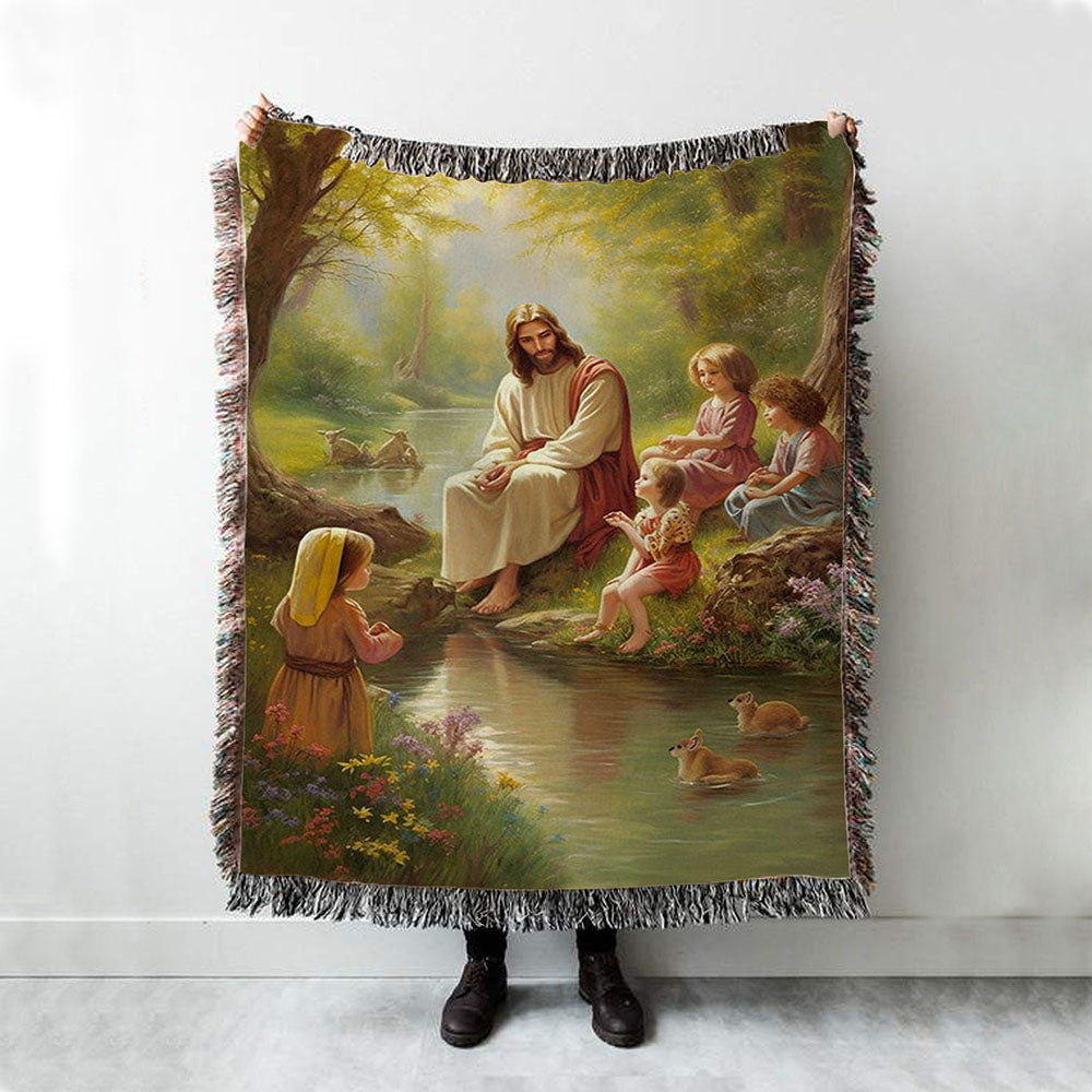 Jesus With Children Woven Blanket Prints - Jesus Woven Blanket Art - Christian Throw Blanket Decor