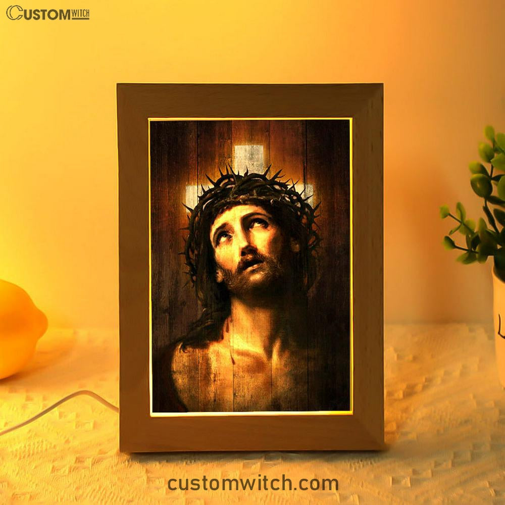 Jesus With Crown Of Thorns White Cross Art Frame Lamp - Jesus Portrait Frame Lamp Prints - Christian Art