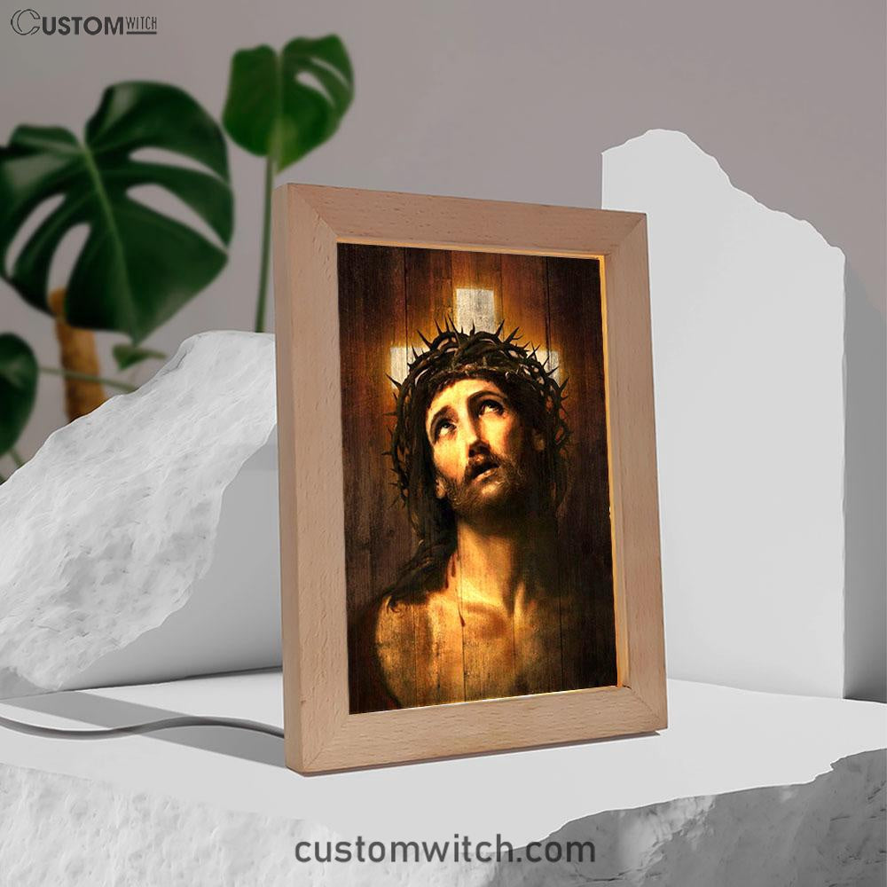Jesus With Crown Of Thorns White Cross Art Frame Lamp - Jesus Portrait Frame Lamp Prints - Christian Art