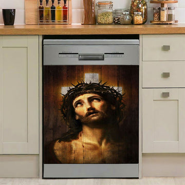 Jesus With Crown Of Thorns White Cross Dishwasher Cover, Jesus Portrait Dishwasher Wrap, Christian Kitchen Decoration