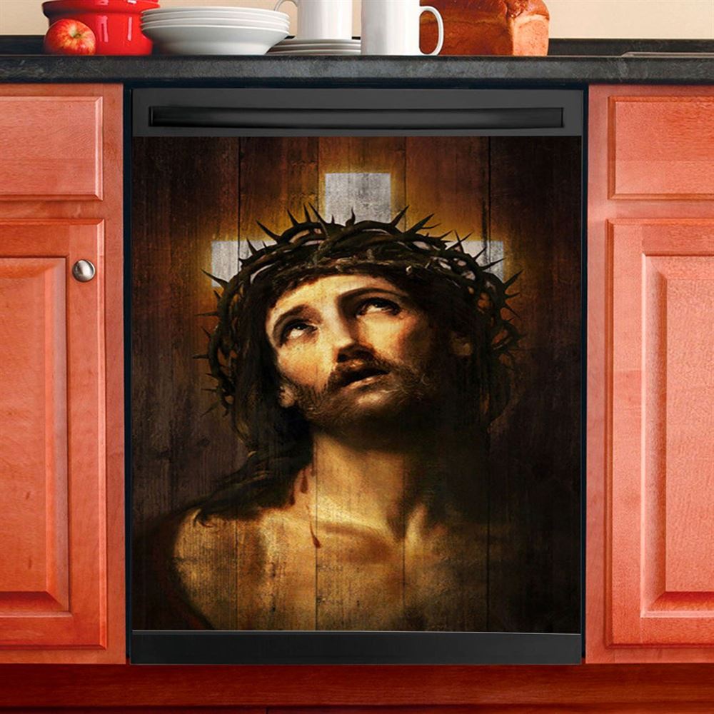 Jesus With Crown Of Thorns White Cross Dishwasher Cover, Jesus Portrait Dishwasher Wrap, Christian Kitchen Decoration